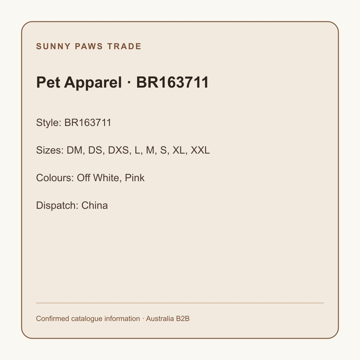 Pet Apparel · BR163711 confirmed product information
